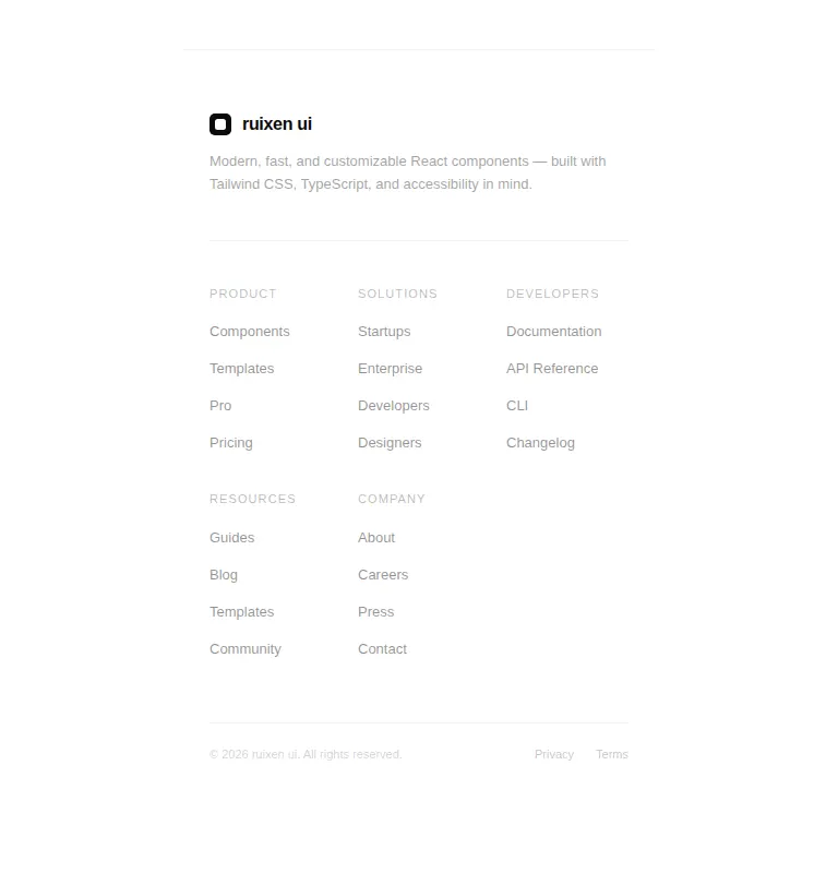 Harness screenshot of ruixen-footer-enterprise at 768 pixels wide