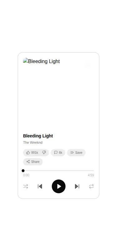 Harness screenshot of ruixen-music-player-card at 375 pixels wide