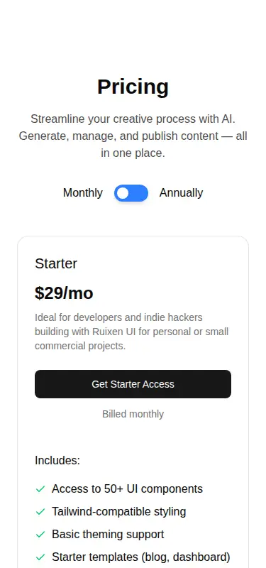 Harness screenshot of ruixen-pricing-flow at 375 pixels wide