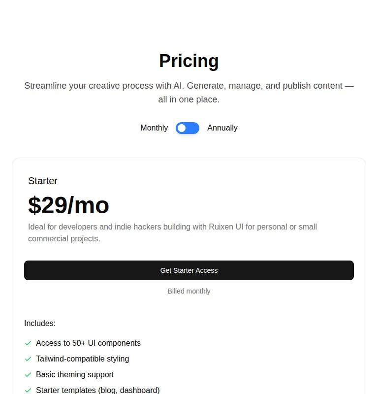 Harness screenshot of ruixen-pricing-flow at 768 pixels wide