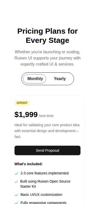 Harness screenshot of ruixen-pricing-plans at 375 pixels wide