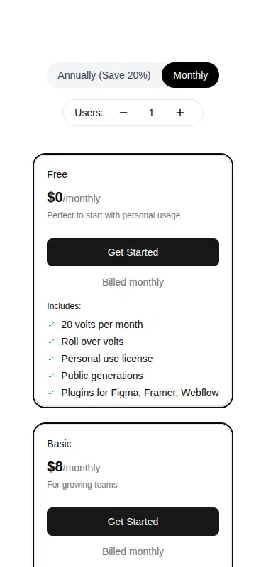 Harness screenshot of ruixen-pricing-with-user-scaling at 375 pixels wide