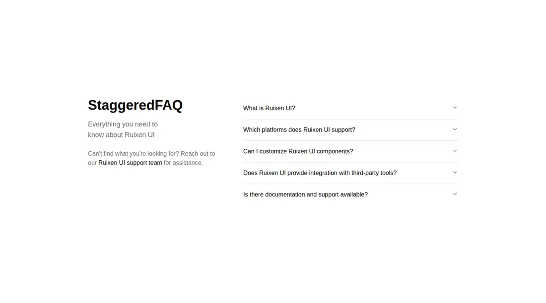 Harness screenshot of ruixen-staggered-faq-section at 1440 pixels wide