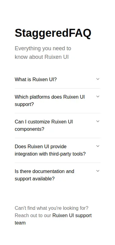 Harness screenshot of ruixen-staggered-faq-section at 375 pixels wide