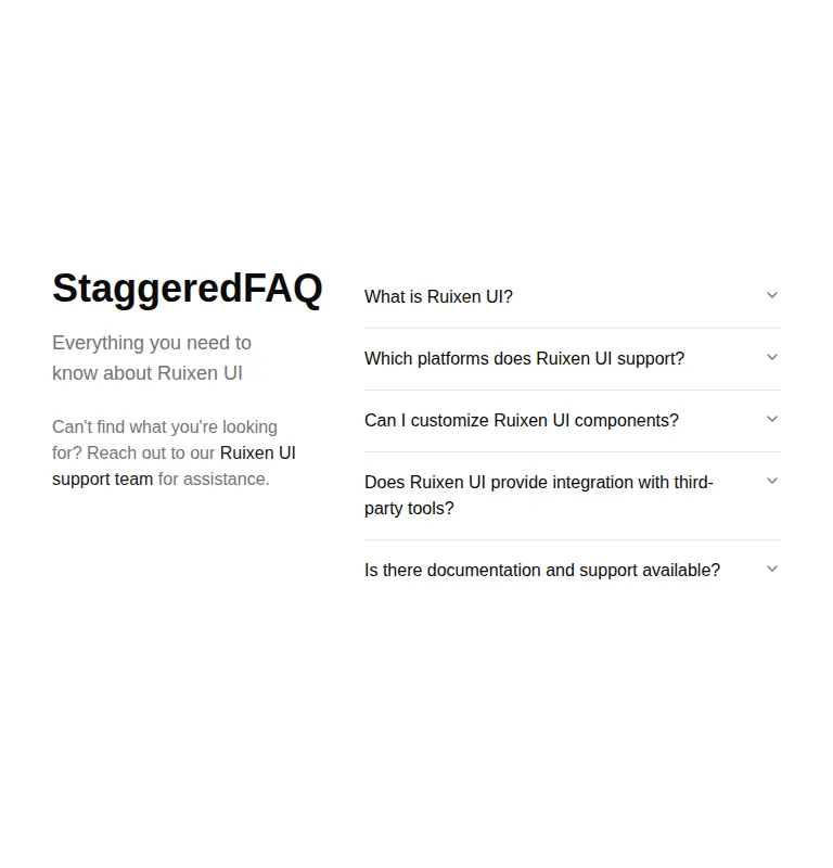 Harness screenshot of ruixen-staggered-faq-section at 768 pixels wide