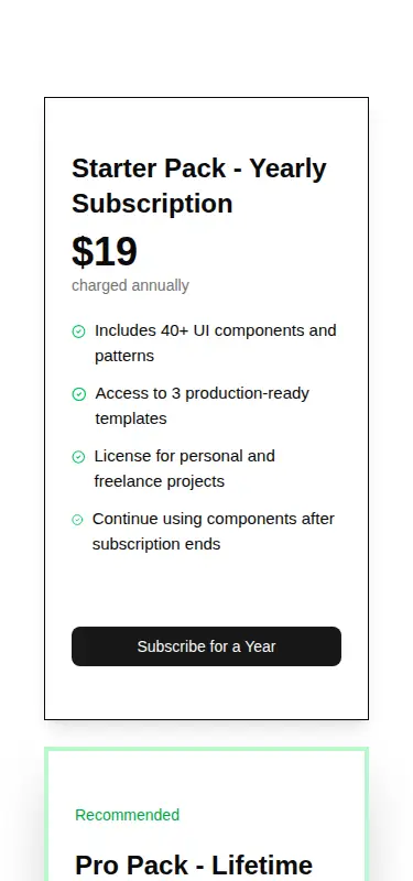 Harness screenshot of ruixen-subscription-plans at 375 pixels wide