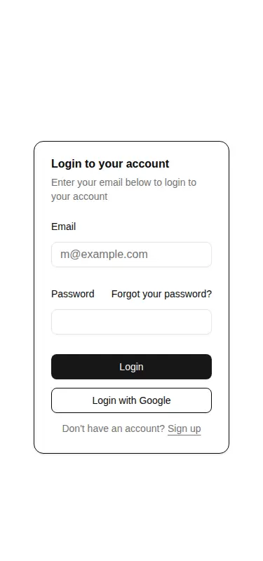 Harness screenshot of shadcn-block-login-01 at 375 pixels wide