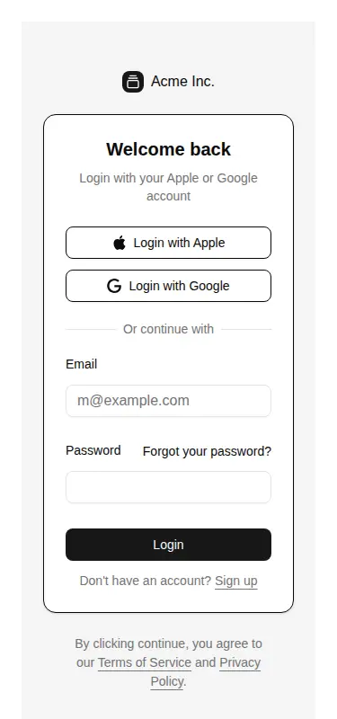 Harness screenshot of shadcn-block-login-03 at 375 pixels wide