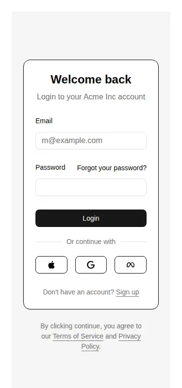 Harness screenshot of shadcn-block-login-04 at 375 pixels wide
