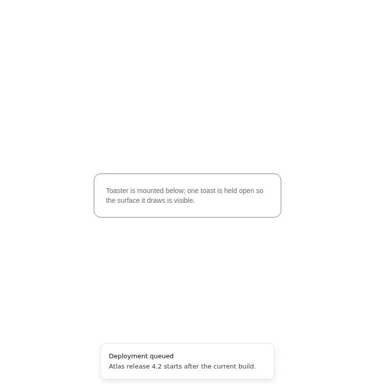 Harness screenshot of shadcn-sonner at 768 pixels wide