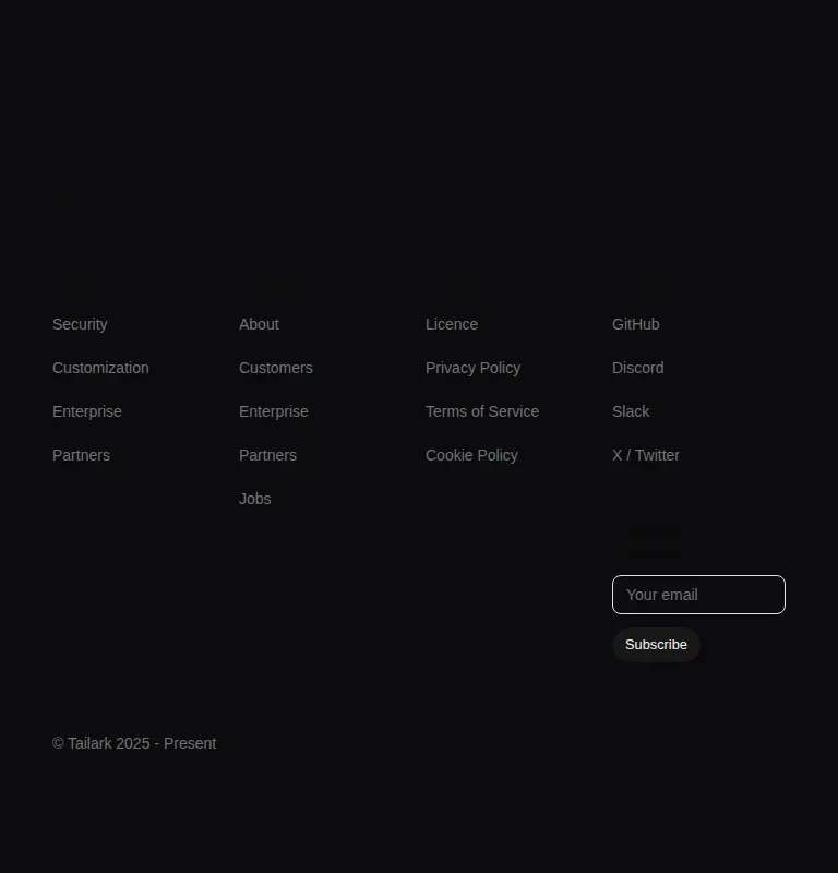 Harness screenshot of tailark-dusk-footer-1 at 768 pixels wide