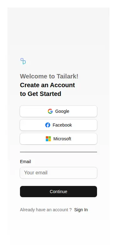 Harness screenshot of tailark-mist-sign-up-1 at 375 pixels wide
