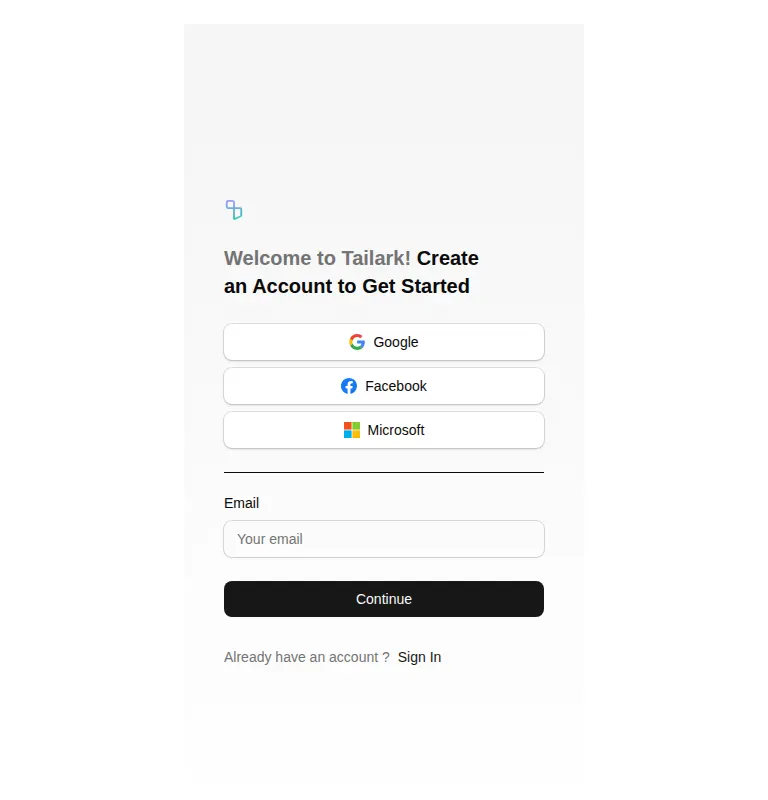 Harness screenshot of tailark-mist-sign-up-1 at 768 pixels wide