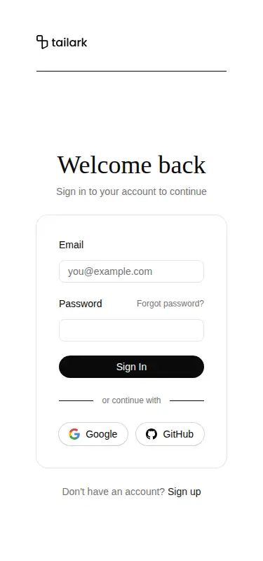 Harness screenshot of tailark-veil-login-1 at 375 pixels wide