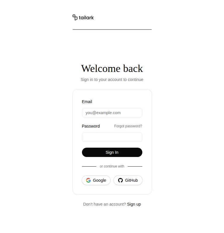 Harness screenshot of tailark-veil-login-1 at 768 pixels wide