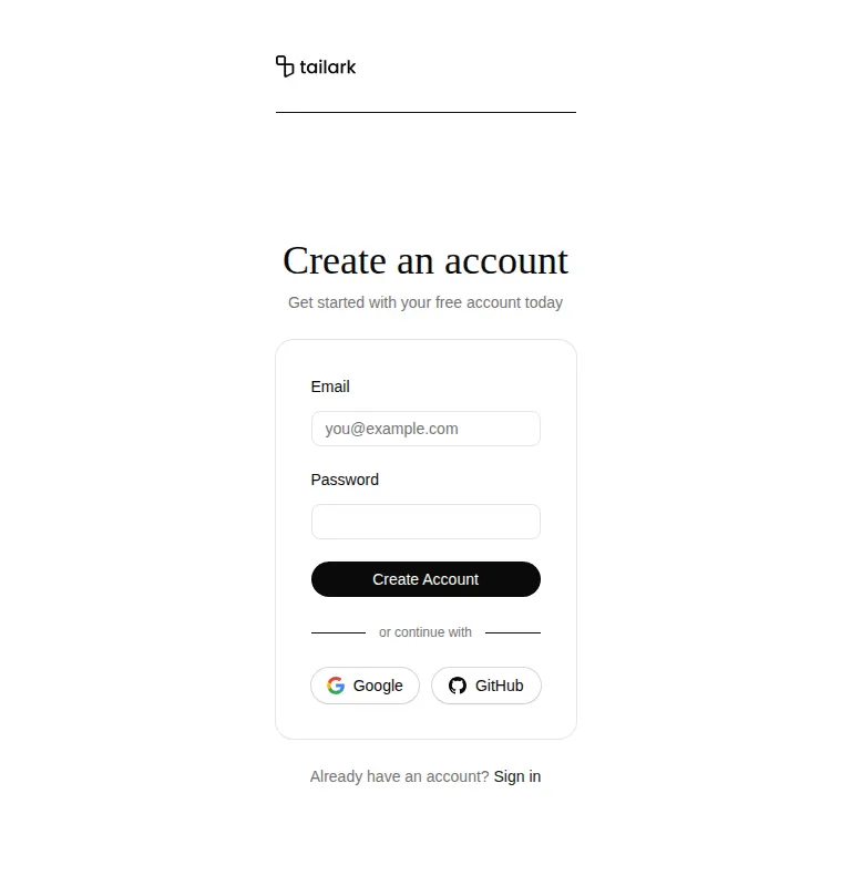 Harness screenshot of tailark-veil-sign-up-1 at 768 pixels wide