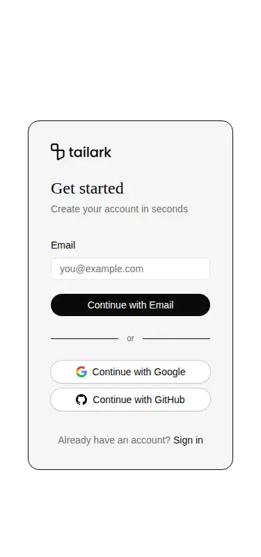 Harness screenshot of tailark-veil-sign-up-2 at 375 pixels wide