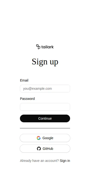 Harness screenshot of tailark-veil-sign-up-3 at 375 pixels wide