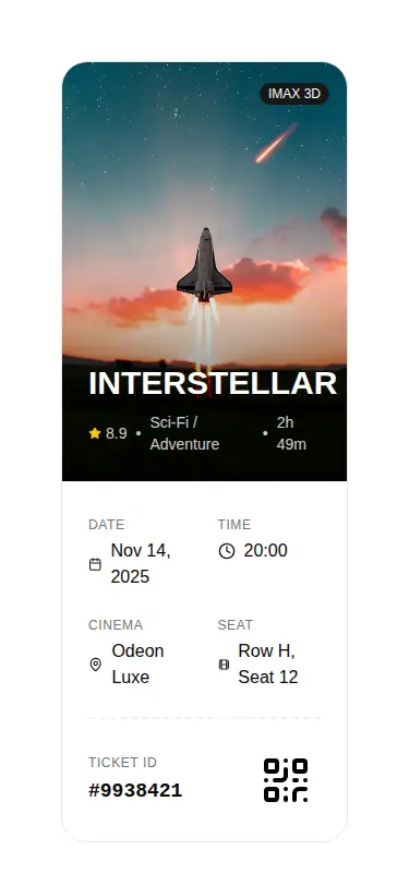 Harness screenshot of tripled-cinema-ticket-shadcnui at 375 pixels wide