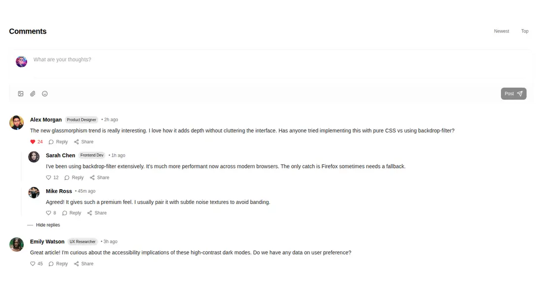 Harness screenshot of tripled-comment-thread-shadcnui at 1440 pixels wide