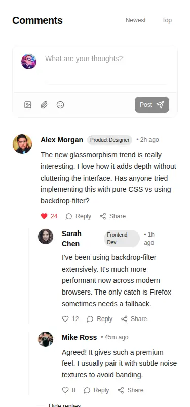Harness screenshot of tripled-comment-thread-shadcnui at 375 pixels wide