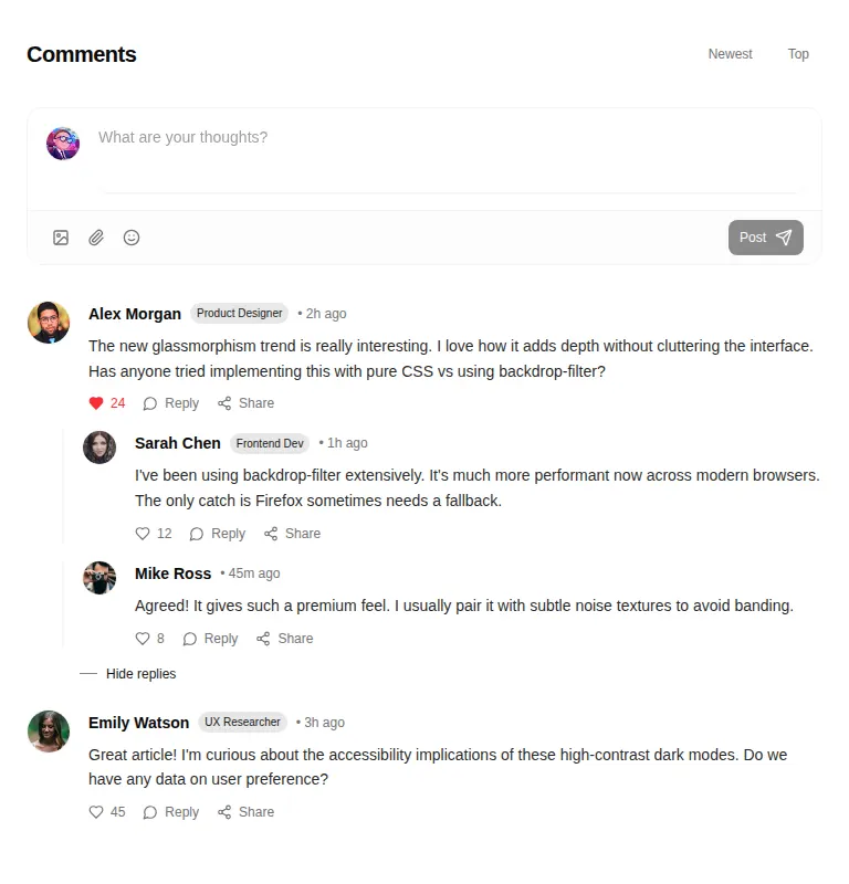 Harness screenshot of tripled-comment-thread-shadcnui at 768 pixels wide