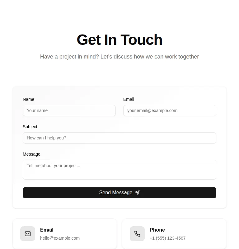 Harness screenshot of tripled-contact-block-shadcnui at 768 pixels wide
