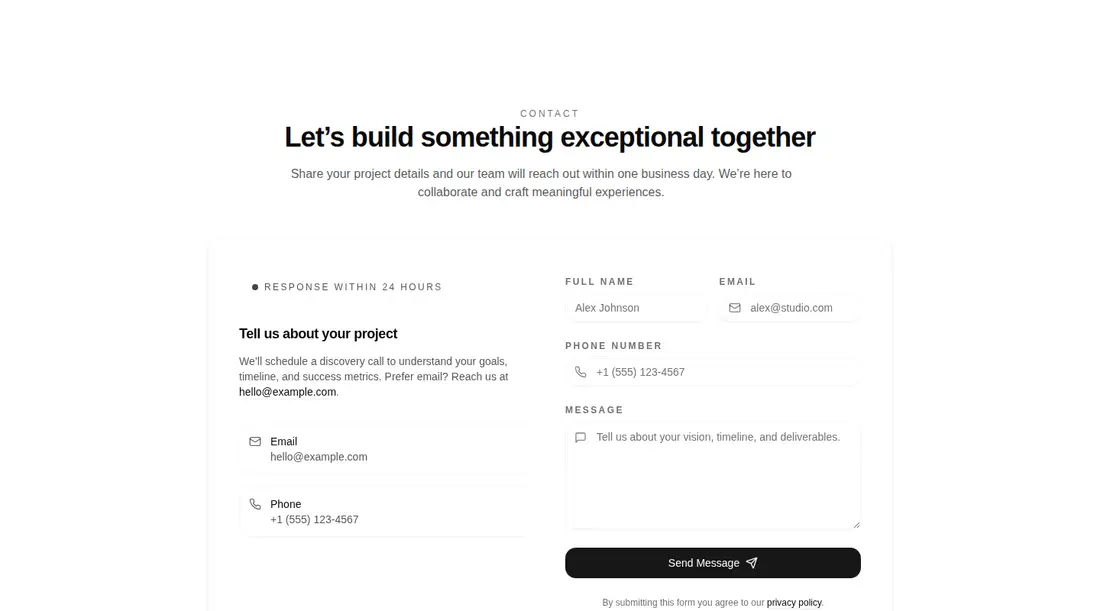 Harness screenshot of tripled-contact-form-section-shadcnui at 1440 pixels wide