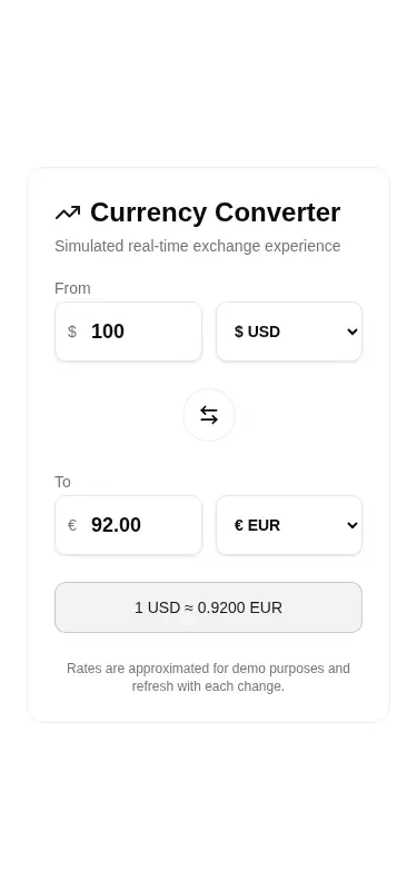 Harness screenshot of tripled-currency-converter-card-shadcnui at 375 pixels wide