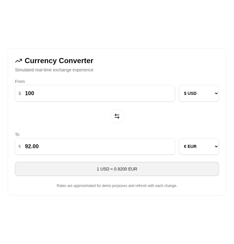 Harness screenshot of tripled-currency-converter-card-shadcnui at 768 pixels wide