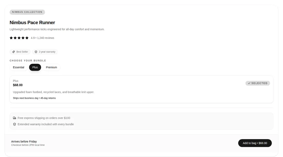 Harness screenshot of tripled-ecommerce-highlight-card-shadcnui at 1440 pixels wide