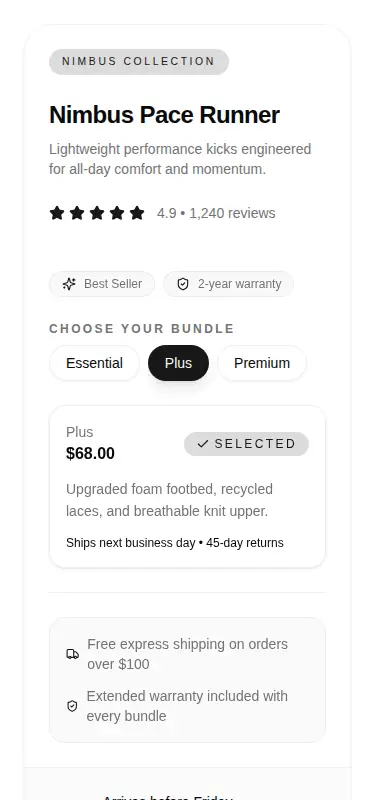 Harness screenshot of tripled-ecommerce-highlight-card-shadcnui at 375 pixels wide