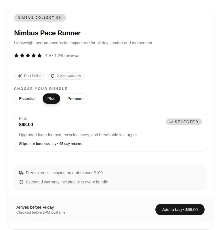 Harness screenshot of tripled-ecommerce-highlight-card-shadcnui at 768 pixels wide