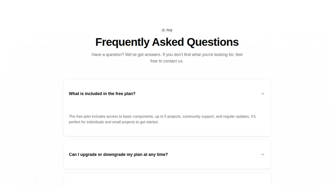 Harness screenshot of tripled-faq-accordion-block-shadcnui at 1440 pixels wide