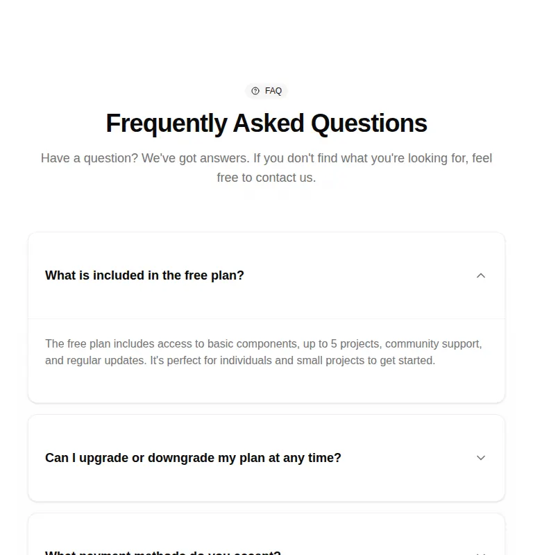 Harness screenshot of tripled-faq-accordion-block-shadcnui at 768 pixels wide