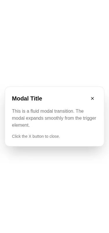 Harness screenshot of tripled-fluid-modal-transition-shadcnui at 375 pixels wide