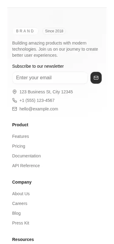 Harness screenshot of tripled-footer-block-shadcnui at 375 pixels wide
