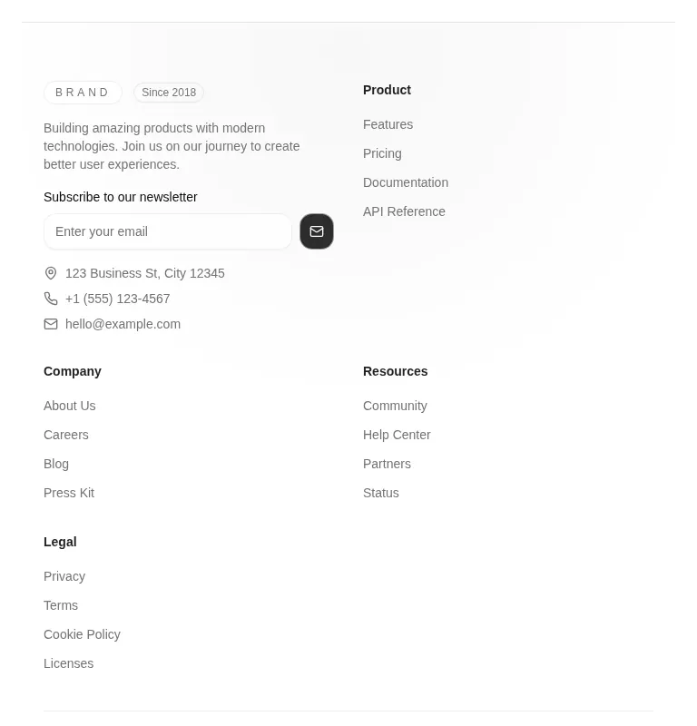 Harness screenshot of tripled-footer-block-shadcnui at 768 pixels wide