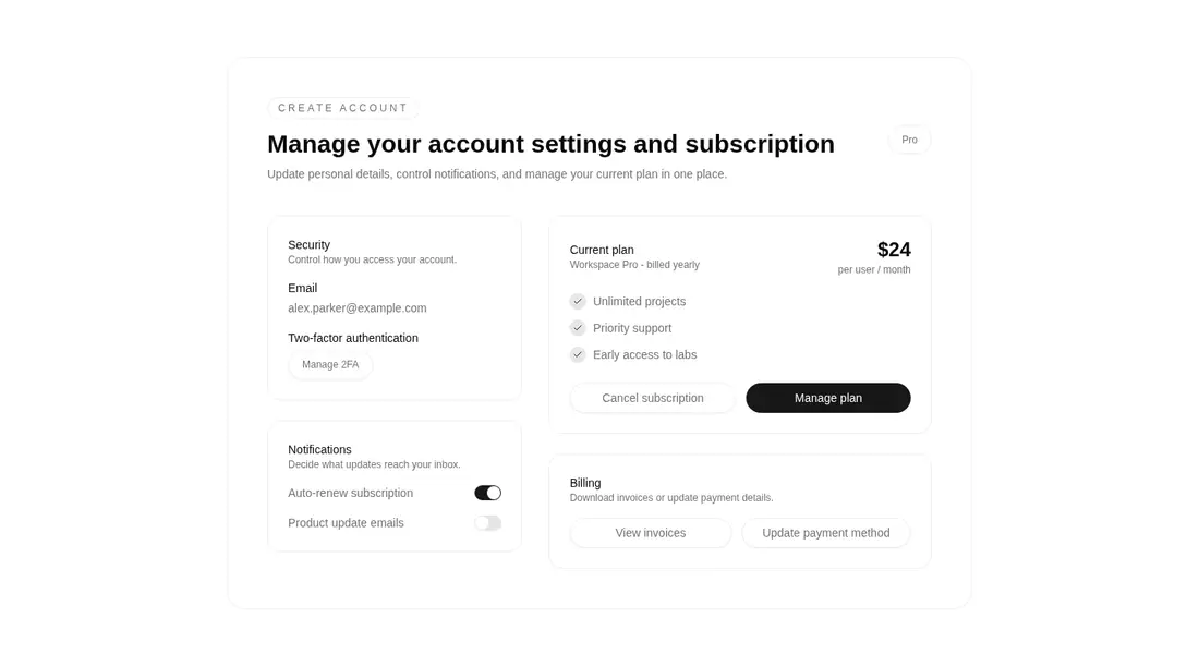 Harness screenshot of tripled-glass-account-settings-card-shadcnui at 1440 pixels wide