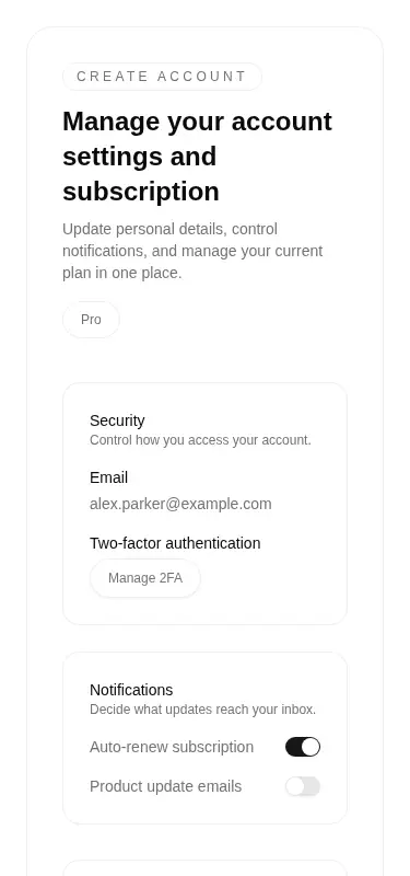 Harness screenshot of tripled-glass-account-settings-card-shadcnui at 375 pixels wide