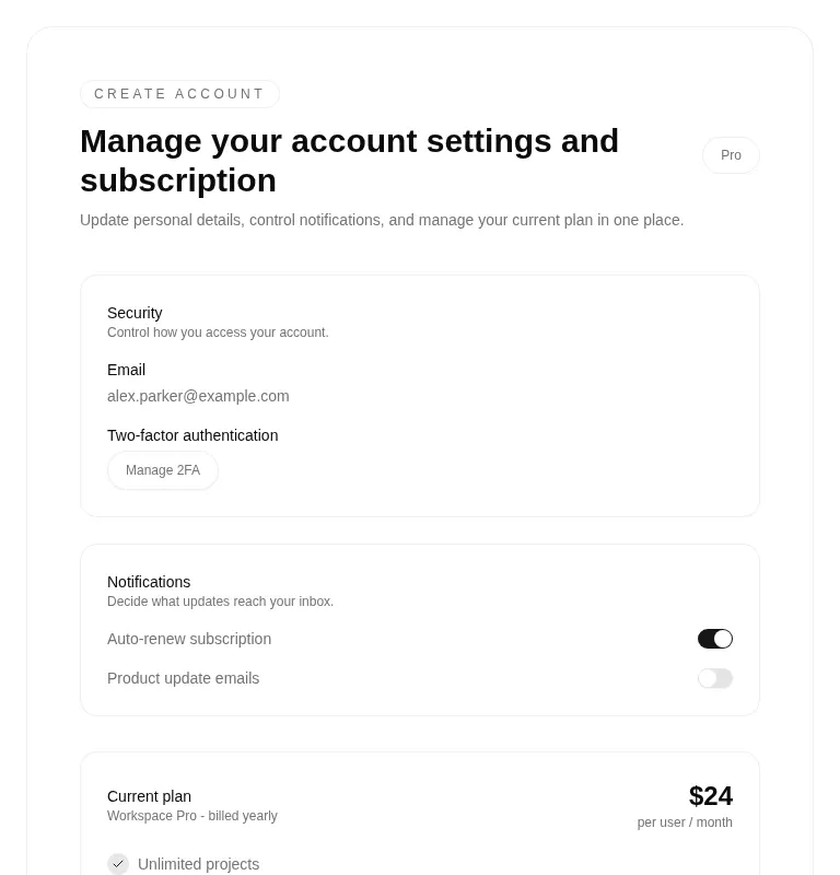 Harness screenshot of tripled-glass-account-settings-card-shadcnui at 768 pixels wide