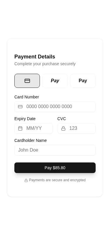 Harness screenshot of tripled-glass-checkout-card-shadcnui at 375 pixels wide
