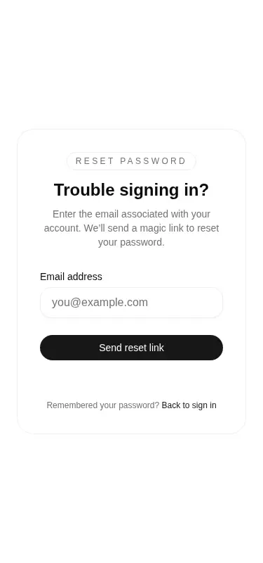 Harness screenshot of tripled-glass-forgot-password-card-shadcnui at 375 pixels wide