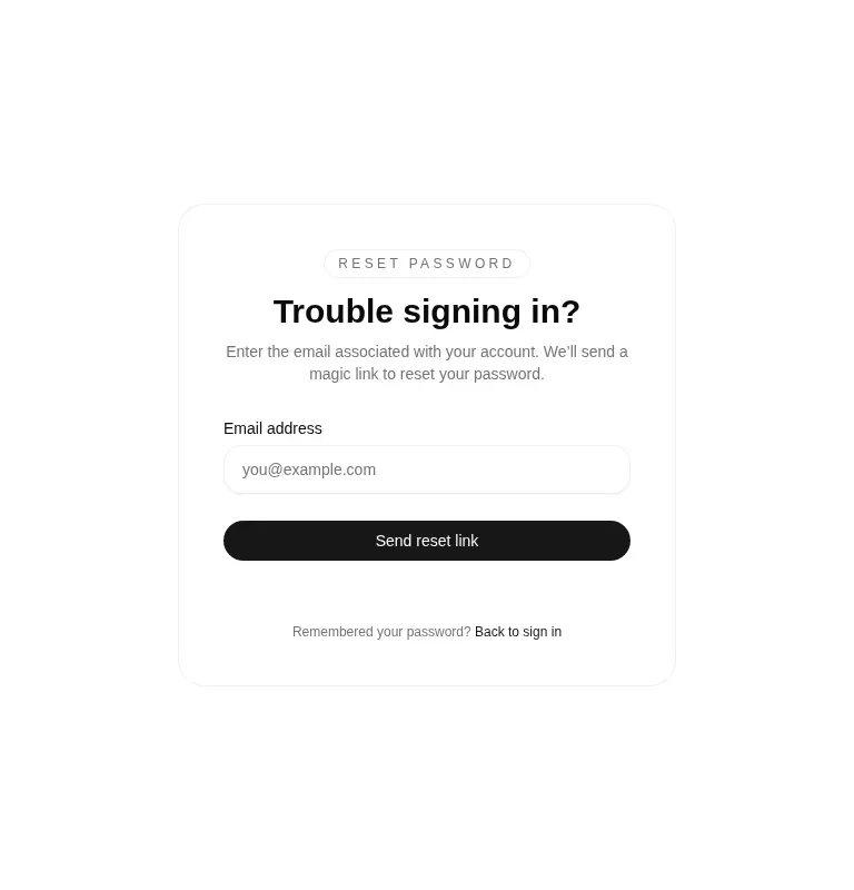 Harness screenshot of tripled-glass-forgot-password-card-shadcnui at 768 pixels wide