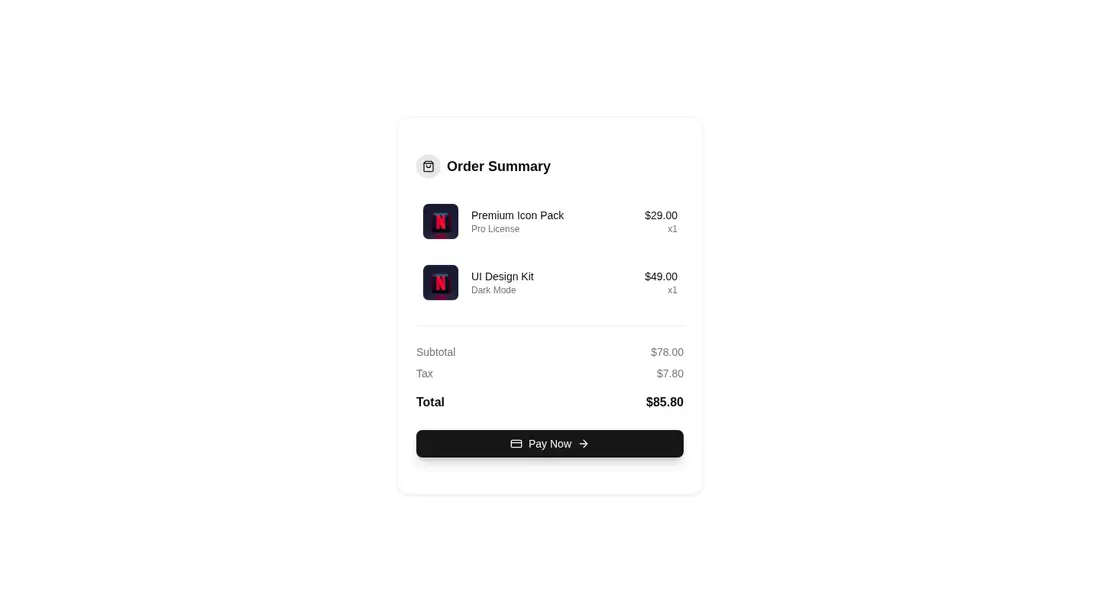 Harness screenshot of tripled-glass-order-summary-shadcnui at 1440 pixels wide