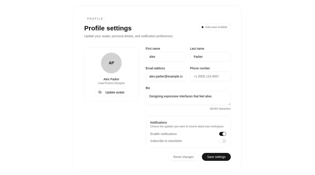 Harness screenshot of tripled-glass-profile-settings-card-shadcnui at 1440 pixels wide