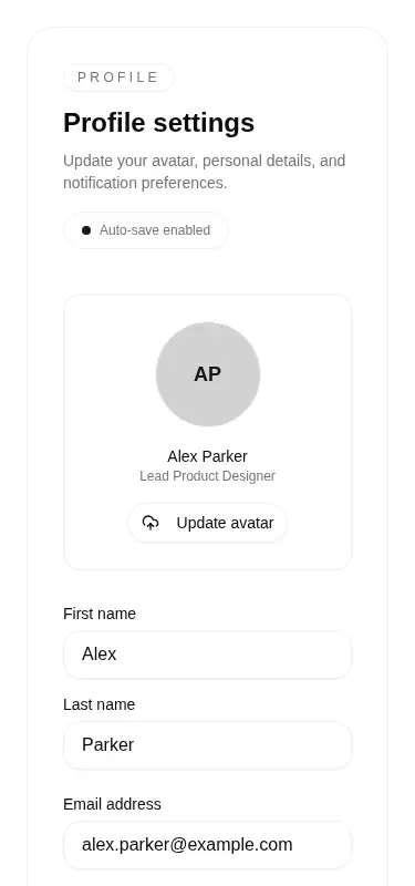 Harness screenshot of tripled-glass-profile-settings-card-shadcnui at 375 pixels wide