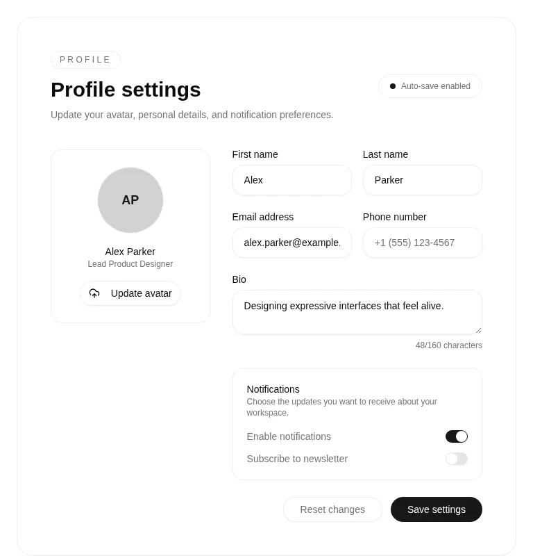 Harness screenshot of tripled-glass-profile-settings-card-shadcnui at 768 pixels wide