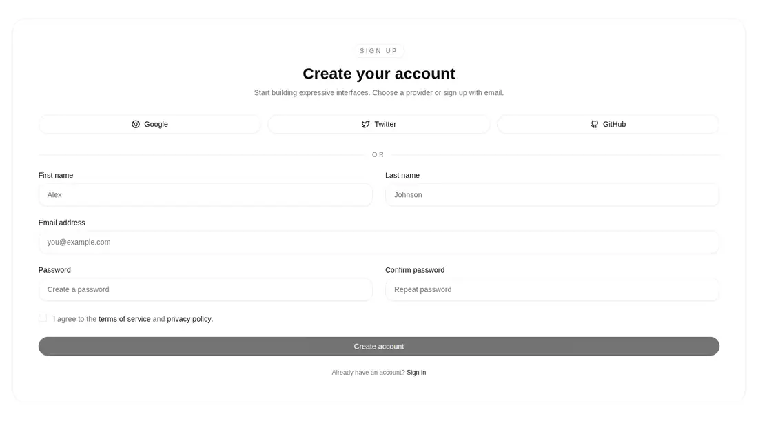 Harness screenshot of tripled-glass-sign-up-card-shadcnui at 1440 pixels wide