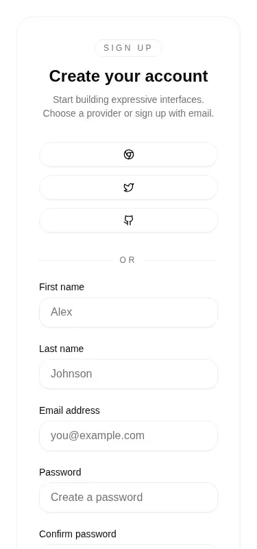 Harness screenshot of tripled-glass-sign-up-card-shadcnui at 375 pixels wide